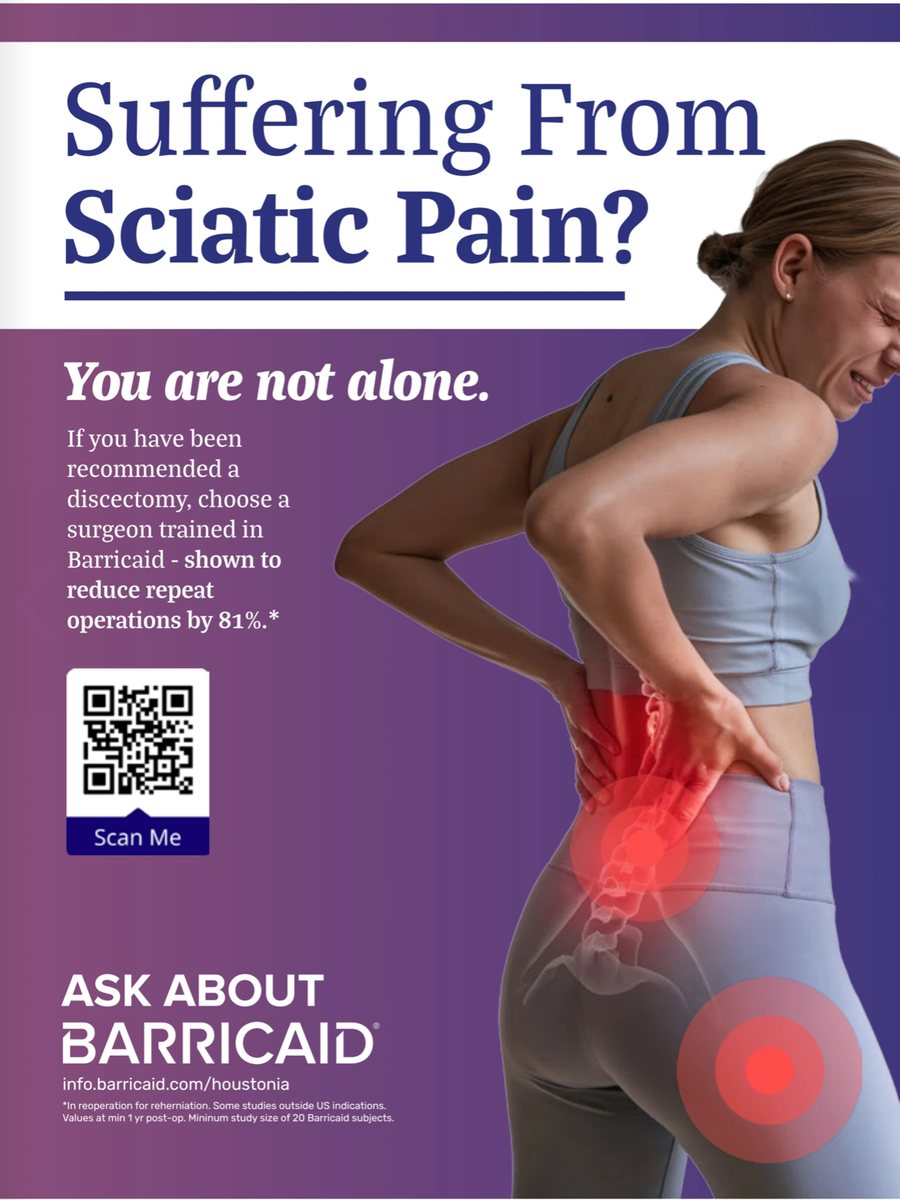Full-page Barricaid ad in Houstonia titled Suffering From Sciatic Pain?